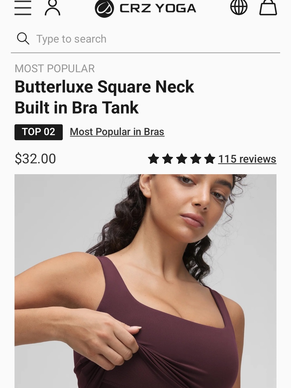 CRZ YOGA Butterluxe Square Neck Built-in Bra Tank — Plum